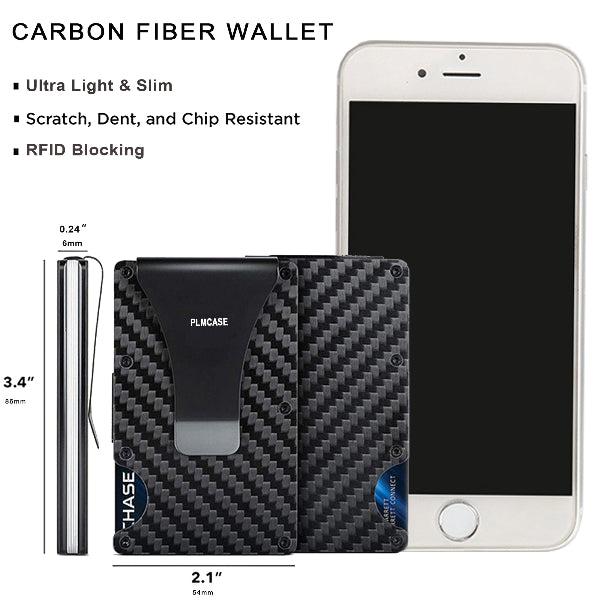 Carbon fiber wallet with smartphone showing features and dimensions