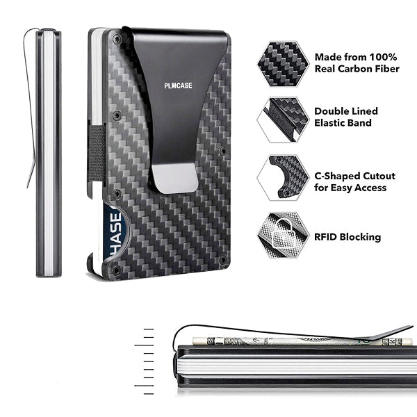 Carbon fiber wallet with features listed on a white background