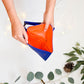 Orange and blue clutch held by a person with a white background and green leaves.