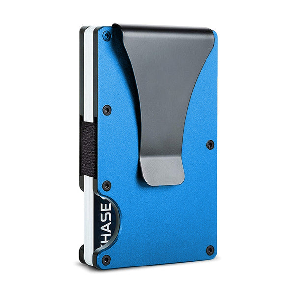 Blue cardholder with metallic clip on a white background