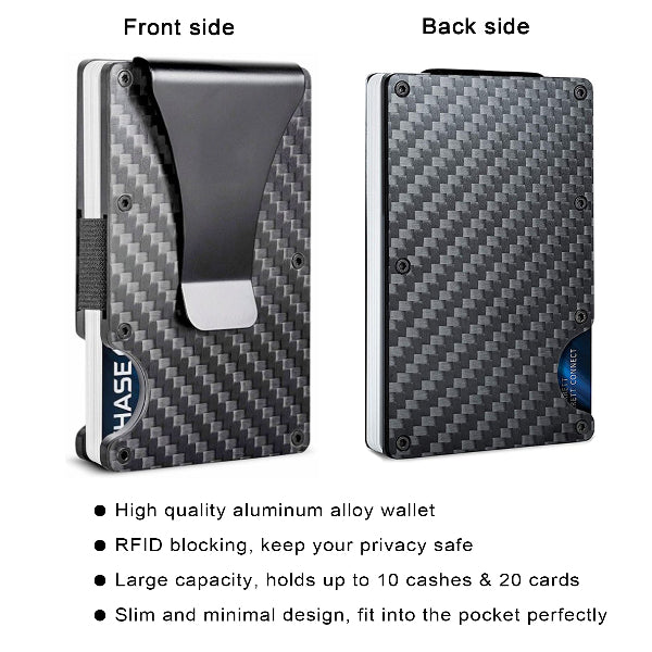 Carbon fiber wallet with front and back views, featuring 'CHASE' branding.