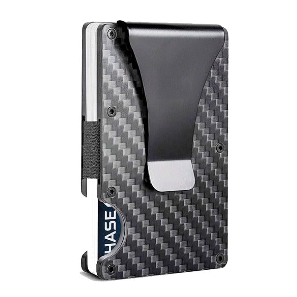 Carbon fiber patterned wallet with money clip on a white background