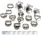 Set of silver rings with measurements and size chart on a white background