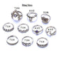 Collection of rings with labeled sizes on a white background