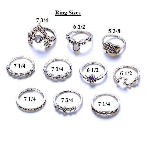 Collection of rings with labeled sizes on a white background