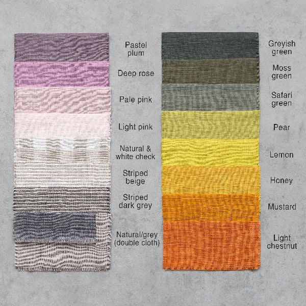 Color swatches of fabric samples with corresponding names on a gray background