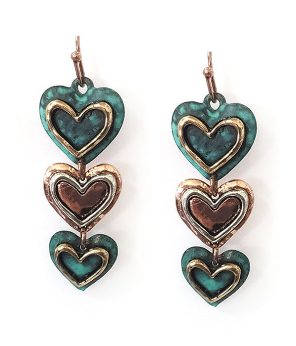 Vintage Metal Multi Hammered Heart Drop Earrings
