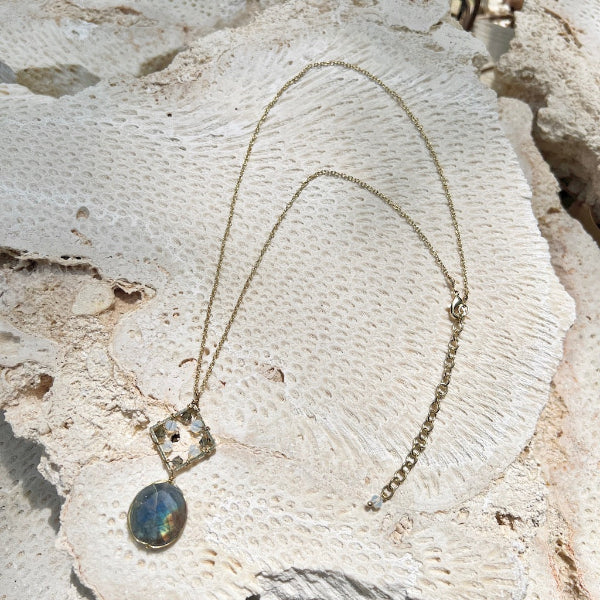 Necklace with a pendant on a textured surface