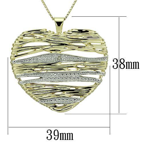 Gold heart-shaped pendant with dimensions on a white background