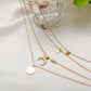 Gold necklaces with various pendants on a white surface