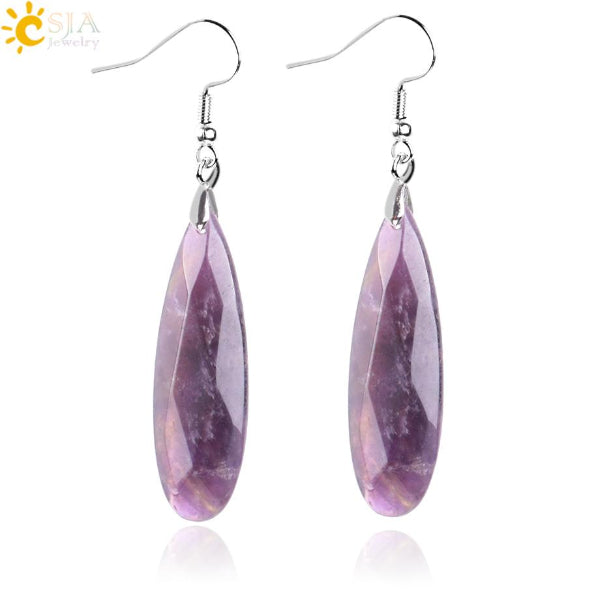 Purple teardrop earrings with silver hooks on a white background