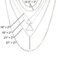 Silver necklace with geometric pendant and measurement details on a white background