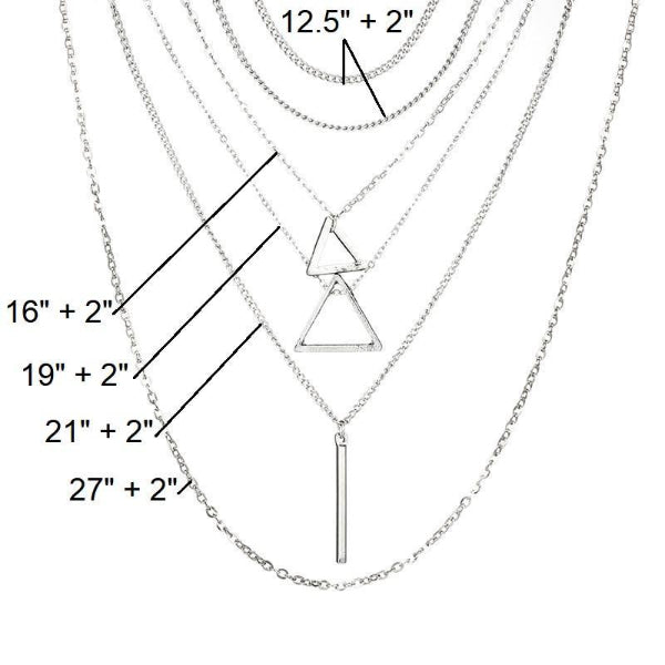 Silver necklace with geometric pendant and measurement details on a white background