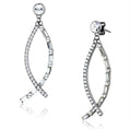 Pair of silver earrings with clear gemstones on a white background