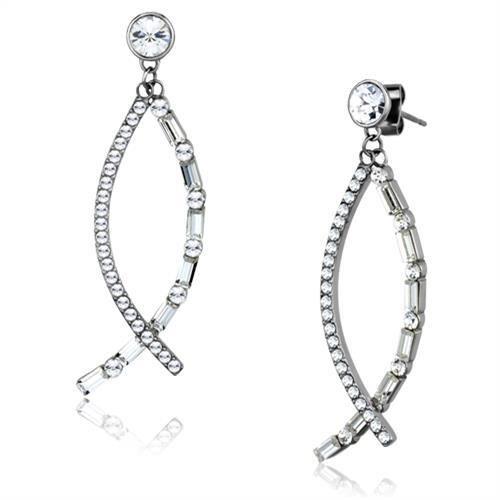 Pair of silver earrings with clear gemstones on a white background