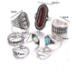 Collection of various silver rings with different designs and gemstones on a white background.